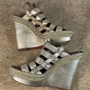 Christian Louboutin Gold Leather Espadrille Wedge Sandals EU 40
